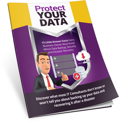 Image of Free Report includes small business owner with thumbs up in front of his critical data storage and backup systems.