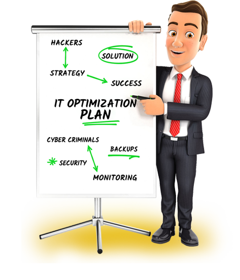 IT Manager standing next to whiteboard showing an IT optimization plan for small businesses looking for IT companies in Portland Oregon.