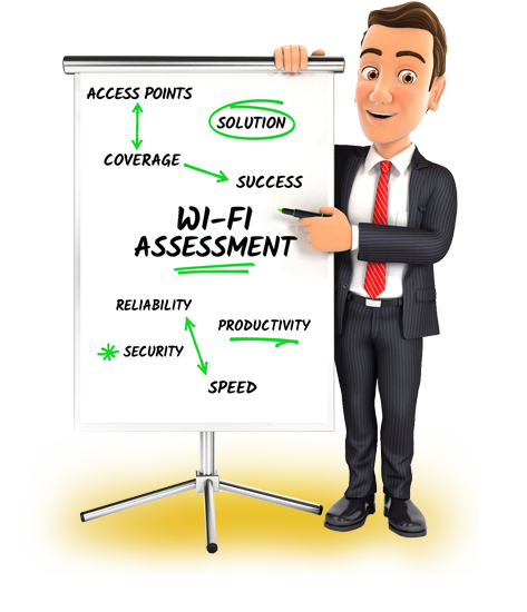 IT manager standing next to whiteboard showing a FREE WiFi Assessment to make sure you receive 100% Fast and Reliable business WiFi solutions for your entire business.
