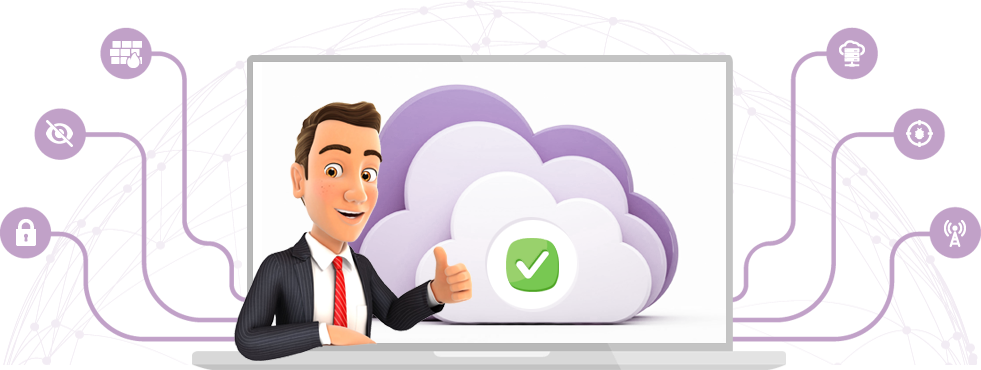 Business man in cloud and happy with cloud services provider and his own private cloud server.
