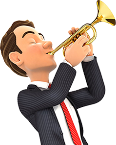 Portland executive blowing a trumpet with joy because 24x7 IT Solutions has a team and not a one-man band